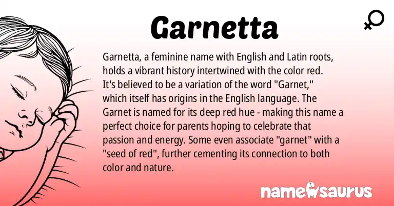 Infographic about Garnetta name meaning, Garnetta is a name from English, Latin origin(s).