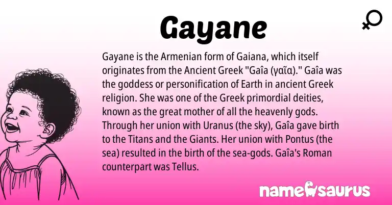 Infographic about Gayane name meaning, Gayane is a name from Roman, Armenian, Greek, Ancient Greek origin(s).