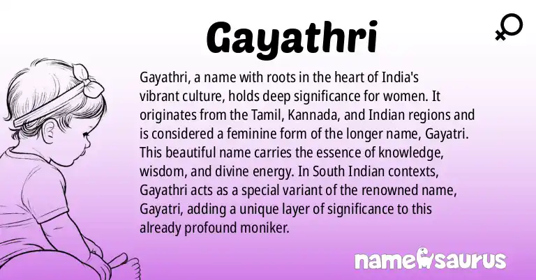 Infographic about Gayathri name meaning, Gayathri is a name from Tamil, Indian, Kannada, Malayalam origin(s).