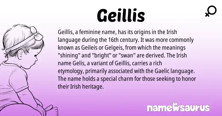 Infographic about Geillis name meaning, Geillis is a name from Irish, Gaelic origin(s).
