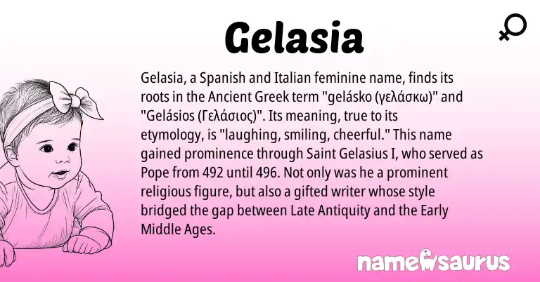 Infographic about Gelasia name meaning, Gelasia is a name from Spanish, Ancient Greek, Italian origin(s).