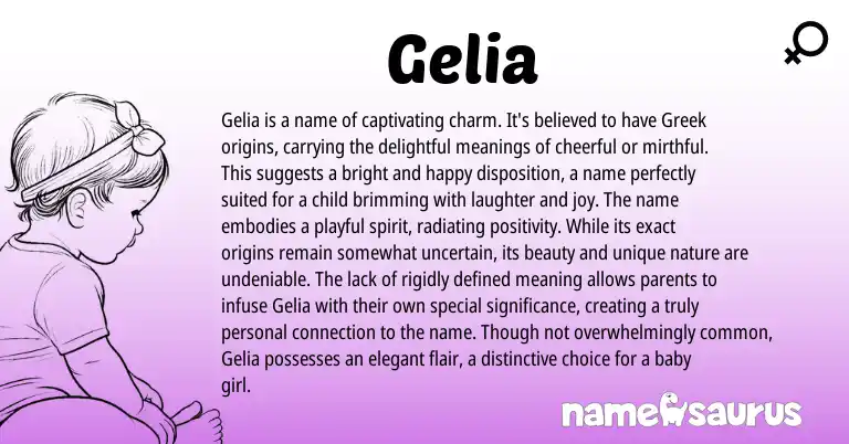 Infographic about Gelia name meaning, Gelia is a name from Greek origin(s).