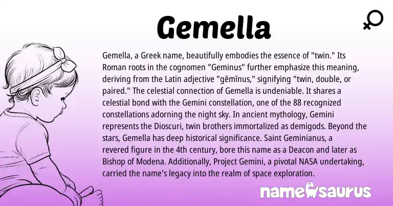 Infographic about Gemella name meaning, Gemella is a name from Roman, Latin, Greek origin(s).