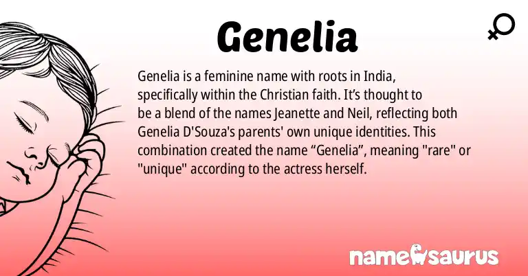 Infographic about Genelia name meaning, Genelia is a name from Indian (Christian) origin(s).
