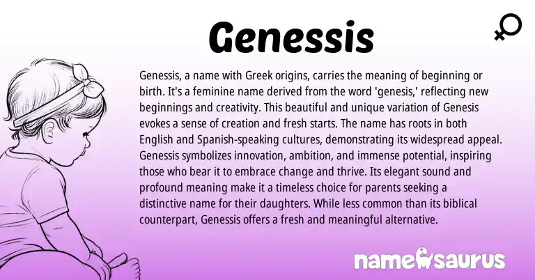 Infographic about Genessis name meaning, Genessis is a name from Greek origin(s).