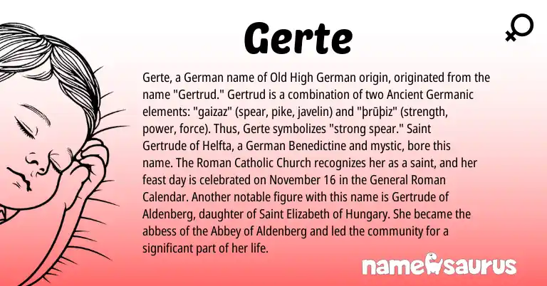 Infographic about Gerte name meaning, Gerte is a name from Old High German, German, Roman, Ancient Germanic origin(s).