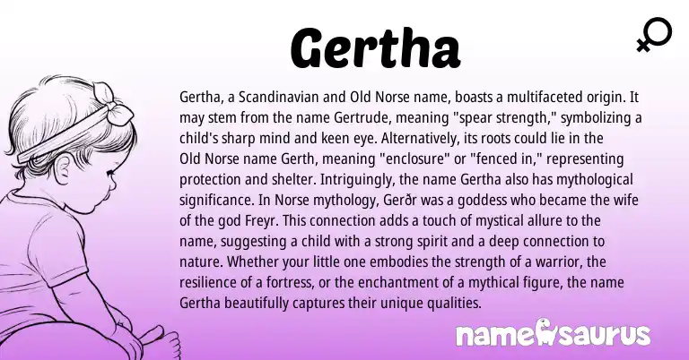 Infographic about Gertha name meaning, Gertha is a name from Scandinavian, Old Norse, Norse origin(s).