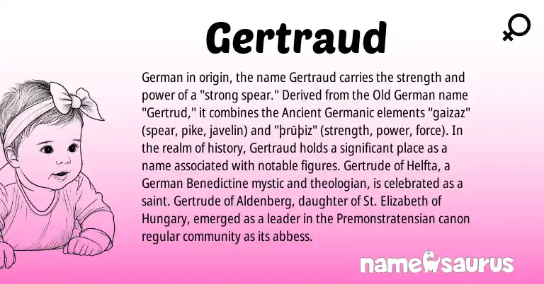 Infographic about Gertraud name meaning, Gertraud is a name from Old German, German, Ancient Germanic origin(s).
