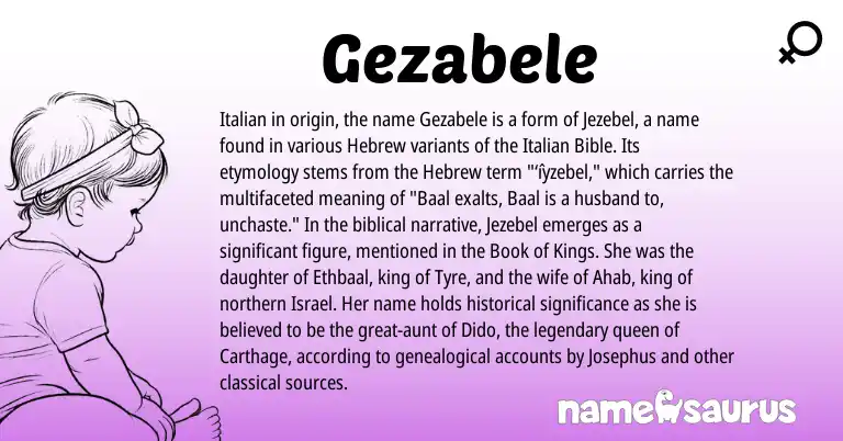 Infographic about Gezabele name meaning, Gezabele is a name from Hebrew, Italian origin(s).