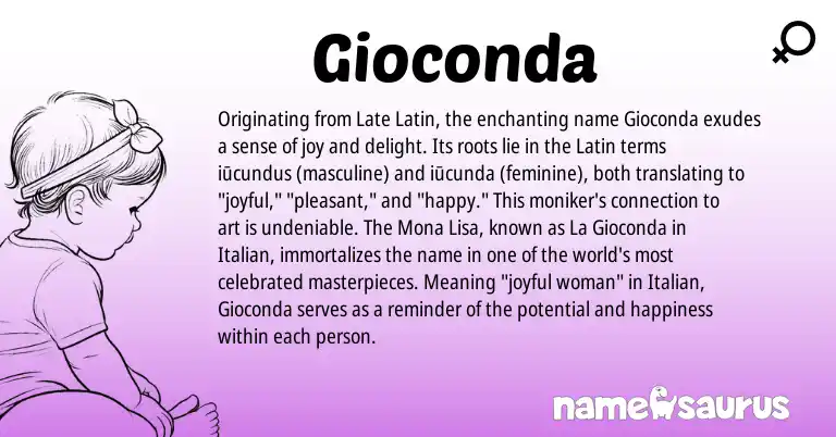 Infographic about Gioconda name meaning, Gioconda is a name from Late Latin, Latin, Italian origin(s).