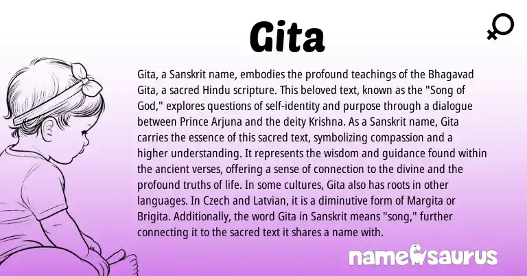Infographic about Gita name meaning, Gita is a name from Czech, Sanskrit, Hindu, Latvian origin(s).
