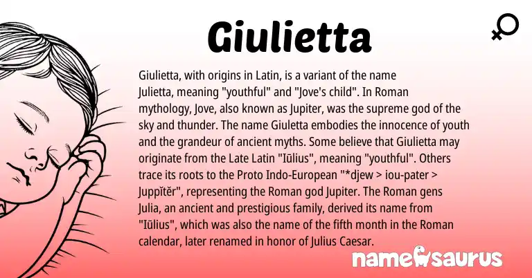 Infographic about Giulietta name meaning, Giulietta is a name from Roman, Late Latin, Latin, European origin(s).