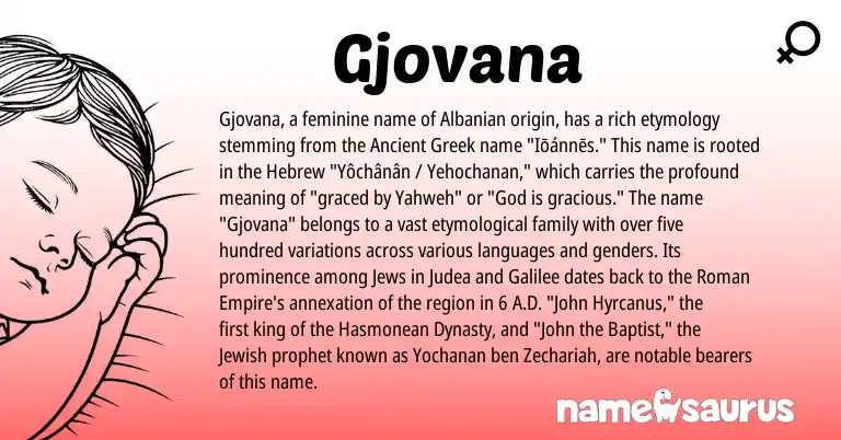 Infographic about Gjovana name meaning, Gjovana is a name from Ancient Greek, Albanian, Roman, Jewish, Hebrew origin(s).