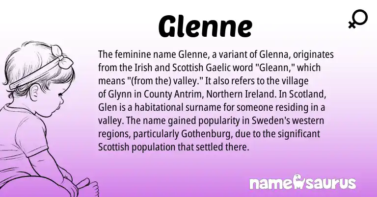 Infographic about Glenne name meaning, Glenne is a name from Irish, Gaelic, Scottish, Ireland origin(s).