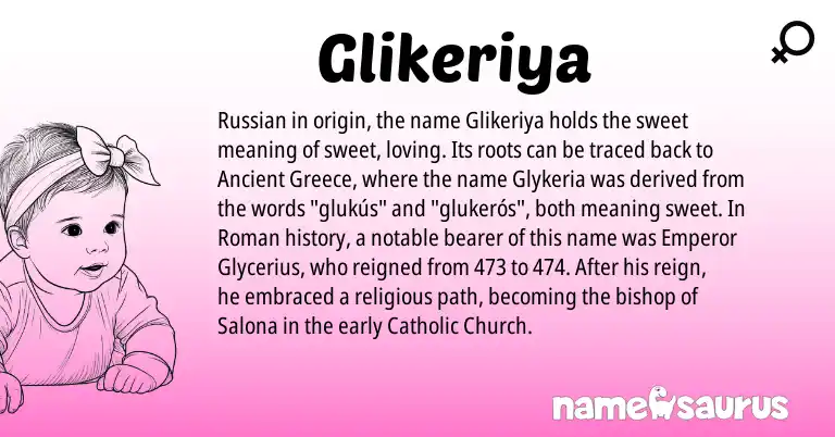 Infographic about Glikeriya name meaning, Glikeriya is a name from Russian, Greece, Roman origin(s).