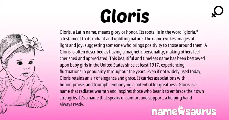 Infographic about Gloris name meaning, Gloris is a name from Latin, English origin(s).