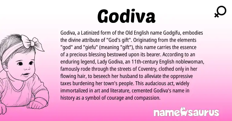 Infographic about Godiva name meaning, Godiva is a name from Old English, English origin(s).