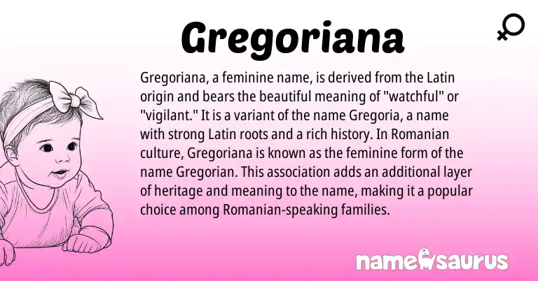 Infographic about Gregoriana name meaning, Gregoriana is a name from Romanian, Latin origin(s).