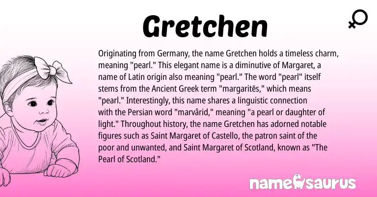 Infographic about Gretchen name meaning, Gretchen is a name from Persian, Ancient Greek, Latin origin(s).