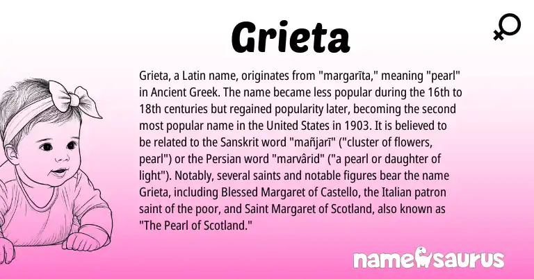Infographic about Grieta name meaning, Grieta is a name from Ancient Greek, United States, Persian, Latin, Sanskrit, Italian origin(s).
