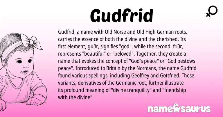 Infographic about Gudfrid name meaning, Gudfrid is a name from Old High German, Old Norse, Germanic origin(s).