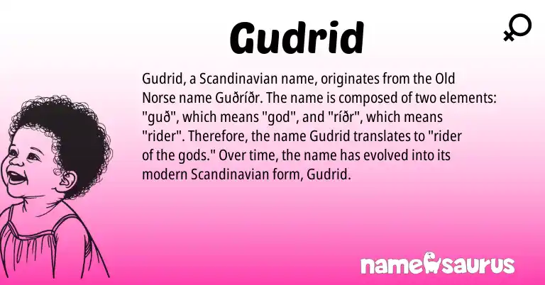 Infographic about Gudrid name meaning, Gudrid is a name from Scandinavian, Old Norse origin(s).
