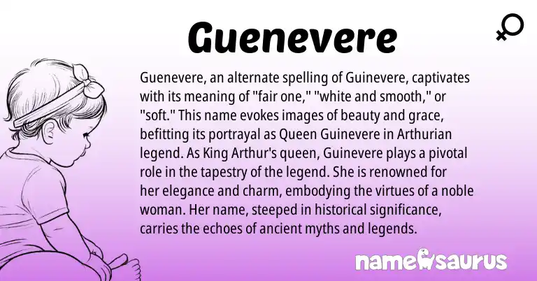 Infographic about Guenevere name meaning, Guenevere is a name from Arthurian origin(s).