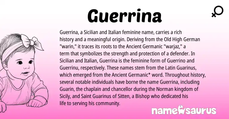 Infographic about Guerrina name meaning, Guerrina is a name from Sicilian, Old High German, Ancient Germanic, Latin, Norman, Italian origin(s).