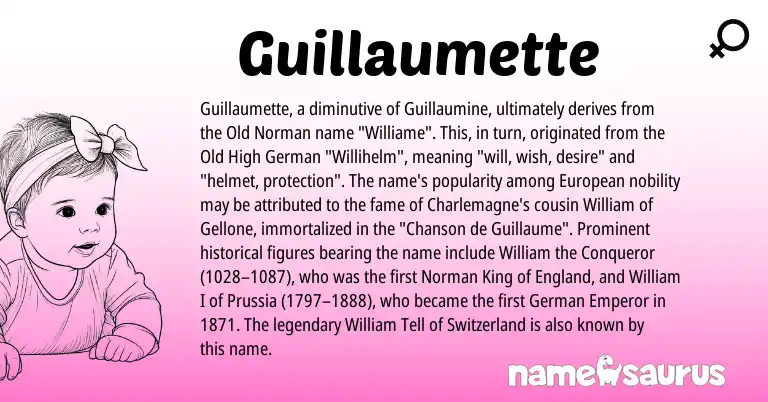 Infographic about Guillaumette name meaning, Guillaumette is a name from Old High German, European, England, Old Norman, German, Norman origin(s).