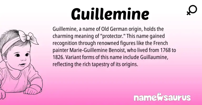 Infographic about Guillemine name meaning, Guillemine is a name from Old German, French origin(s).