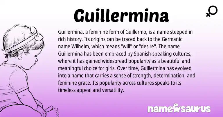 Infographic about Guillermina name meaning, Guillermina is a name from Spanish, Germanic origin(s).