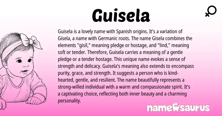 Infographic about Guisela name meaning, Guisela is a name from Germanic, Spanish origin(s).