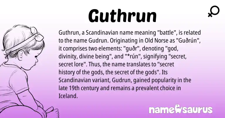 Infographic about Guthrun name meaning, Guthrun is a name from Scandinavian, Old Norse origin(s).