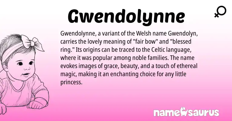Infographic about Gwendolynne name meaning, Gwendolynne is a name from Welsh, Celtic origin(s).