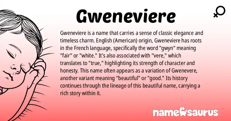 Infographic about Gweneviere name meaning, Gweneviere is a name from English (American) origin(s).