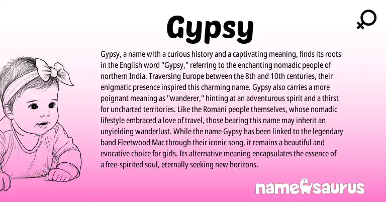 Infographic about Gypsy name meaning, Gypsy is a name from Romani, English, Gypsy origin(s).