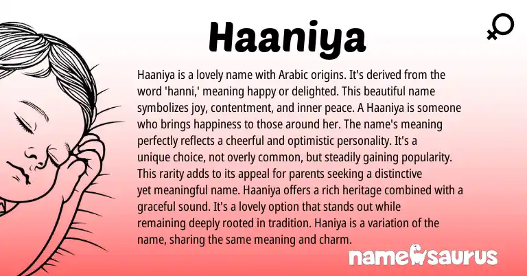Infographic about Haaniya name meaning, Haaniya is a name from Arabic origin(s).
