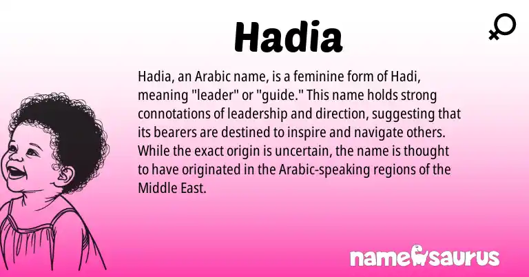 Infographic about Hadia name meaning, Hadia is a name from Middle East, Arabic origin(s).