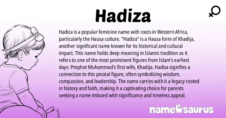Infographic about Hadiza name meaning, Hadiza is a name from Western African, Hausa origin(s).