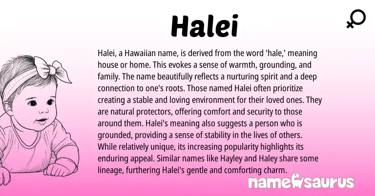 Infographic about Halei name meaning, Halei is a name from Hawaiian origin(s).