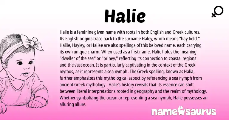 Infographic about Halie name meaning, Halie is a name from English, Greek, British origin(s).