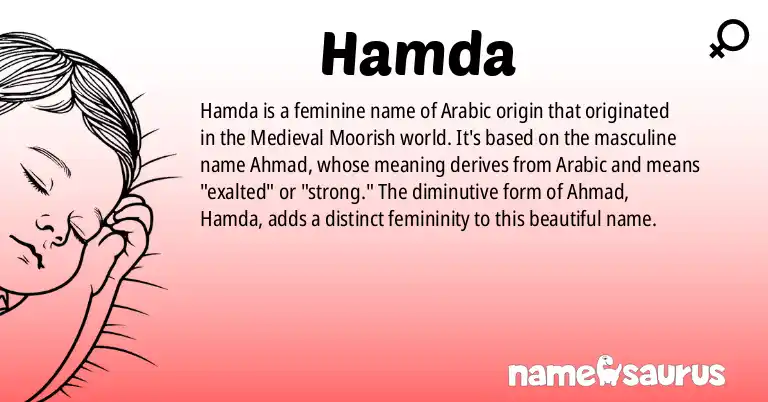 Infographic about Hamda name meaning, Hamda is a name from Medieval Arabic (Moorish) origin(s).