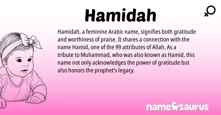 Infographic about Hamidah name meaning, Hamidah is a name from Arabic origin(s).