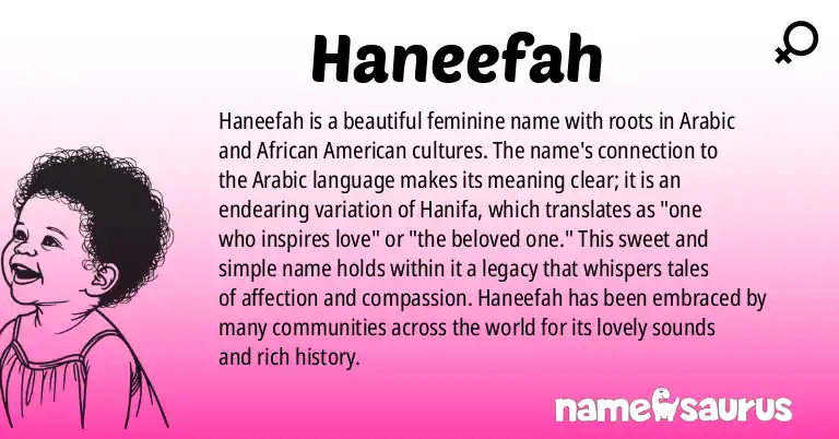 Infographic about Haneefah name meaning, Haneefah is a name from Arabic, African American origin(s).