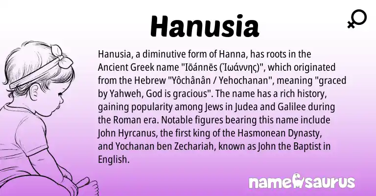 Infographic about Hanusia name meaning, Hanusia is a name from English, Ancient Greek, Roman, Hebrew origin(s).