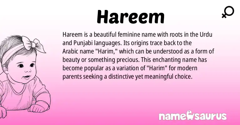 Infographic about Hareem name meaning, Hareem is a name from Urdu, Punjabi origin(s).