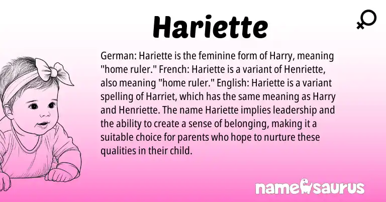 Infographic about Hariette name meaning, Hariette is a name from German, English, French origin(s).