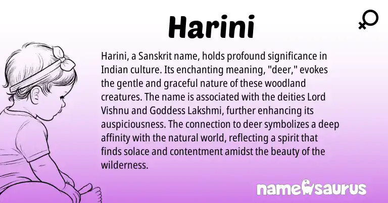 Infographic about Harini name meaning, Harini is a name from Sanskrit, Indian origin(s).