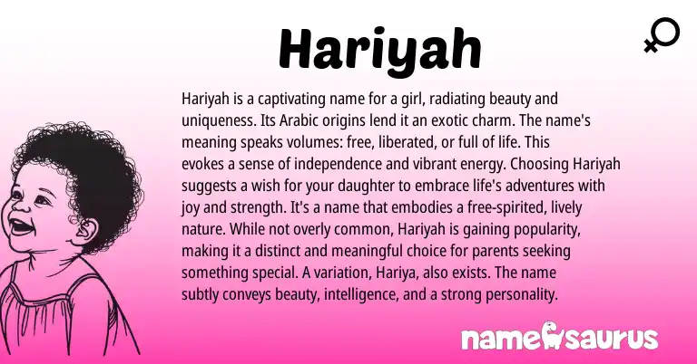 Infographic about Hariyah name meaning, Hariyah is a name from Arabic origin(s).