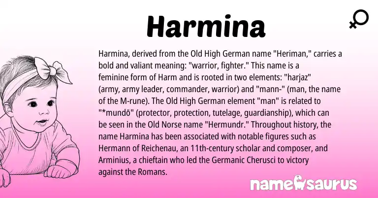 Infographic about Harmina name meaning, Harmina is a name from Old High German, Old Norse, Germanic origin(s).